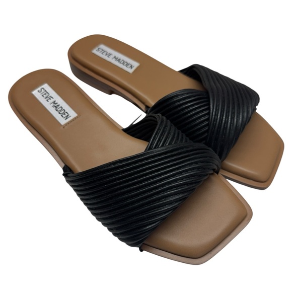 NIB Steve Madden Limitt Textured Criss Cross Black Slide Sandals Womens Shoes 6 - Picture 1 of 8